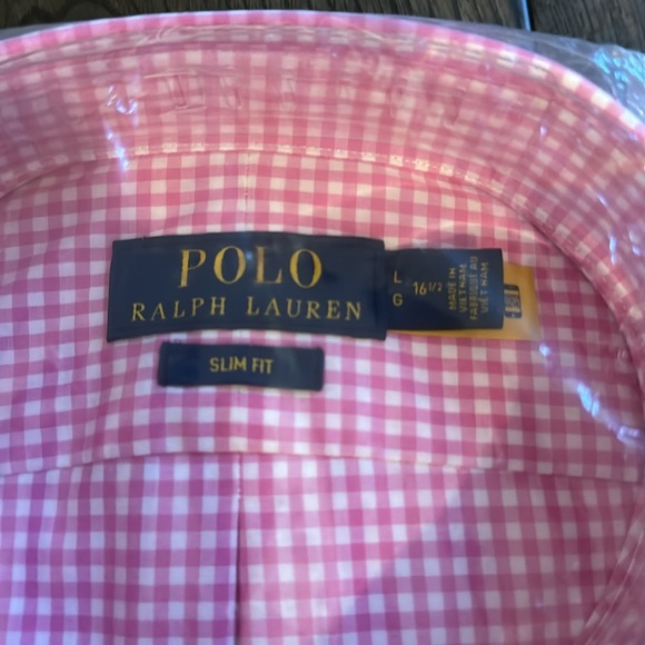 NWT Ralph Lauren Polo Lg 16.5 Pink & White Gingham Check Strerch Slim Fit - Picture 3 of 6